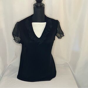 Women's Maunces navy blue top sheer sleeves with ruffle v neck